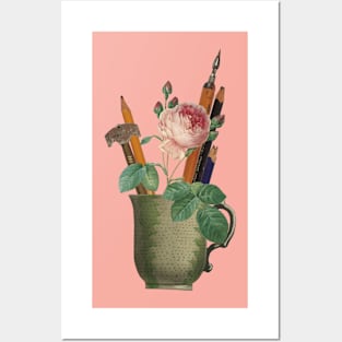 Artist Tools - Vintage Pencil Cup with Rose Posters and Art